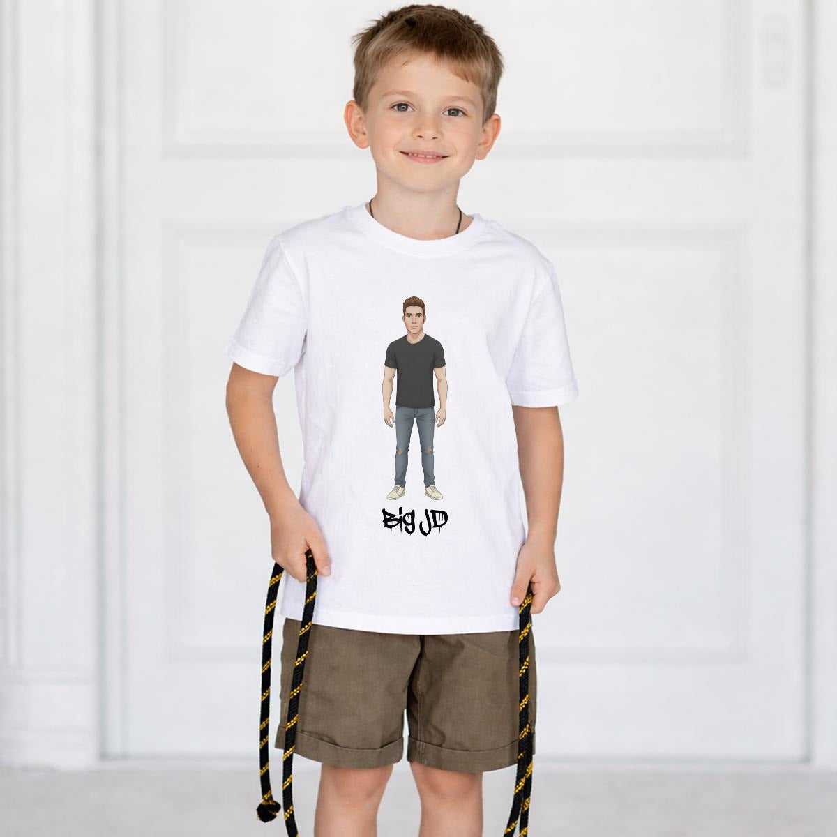 Big JD character graphic on colored kids' T-shirt