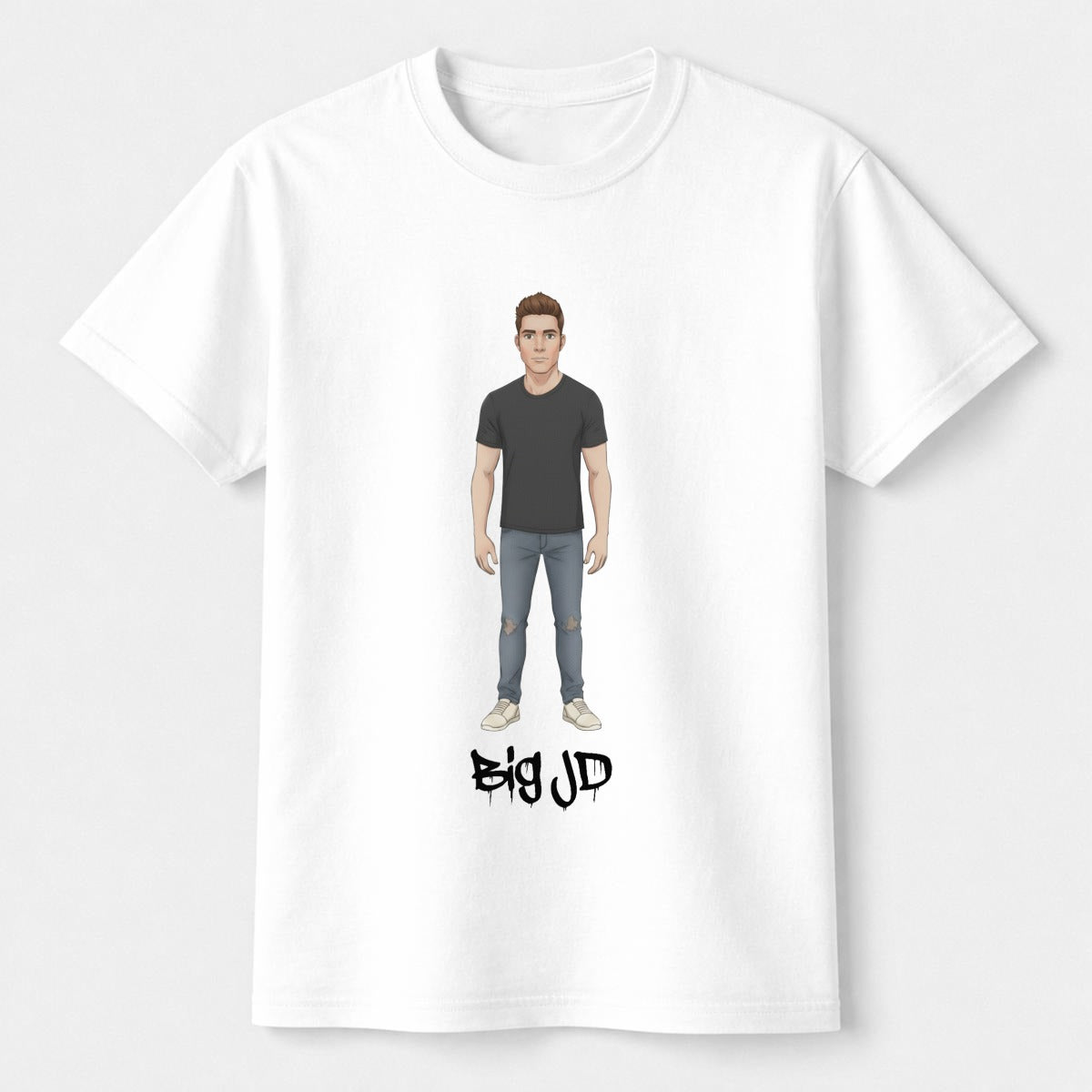 Big JD character graphic on colored kids' T-shirt