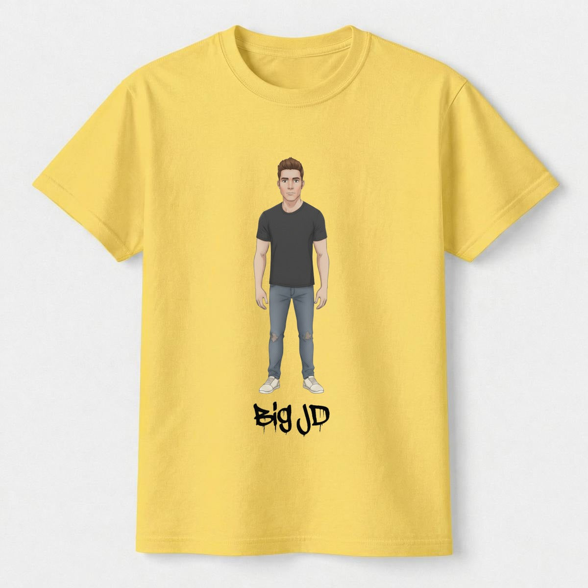 ADS-3KTXMD92-PDKHT-FED74CBig JD character graphic on colored kids' T-shirt