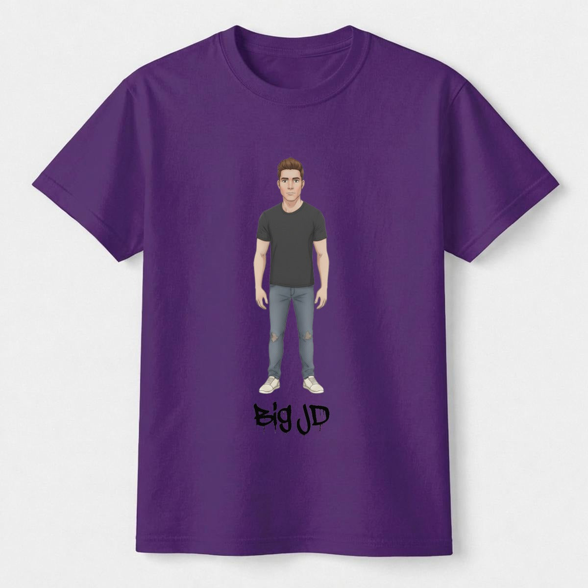 Big JD character graphic on purple kids' T-shirt