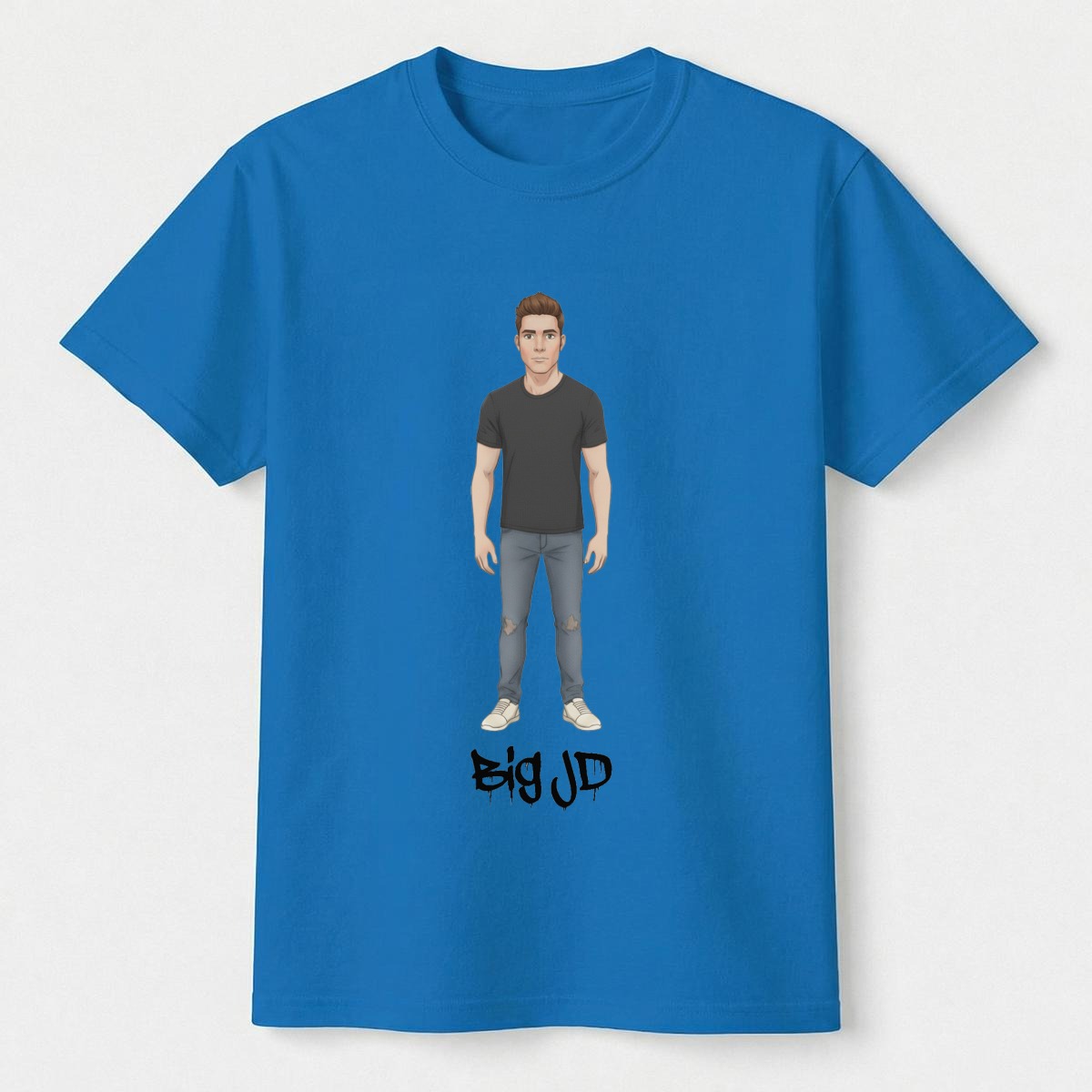 Big JD character graphic on royal blue kids' T-shirt