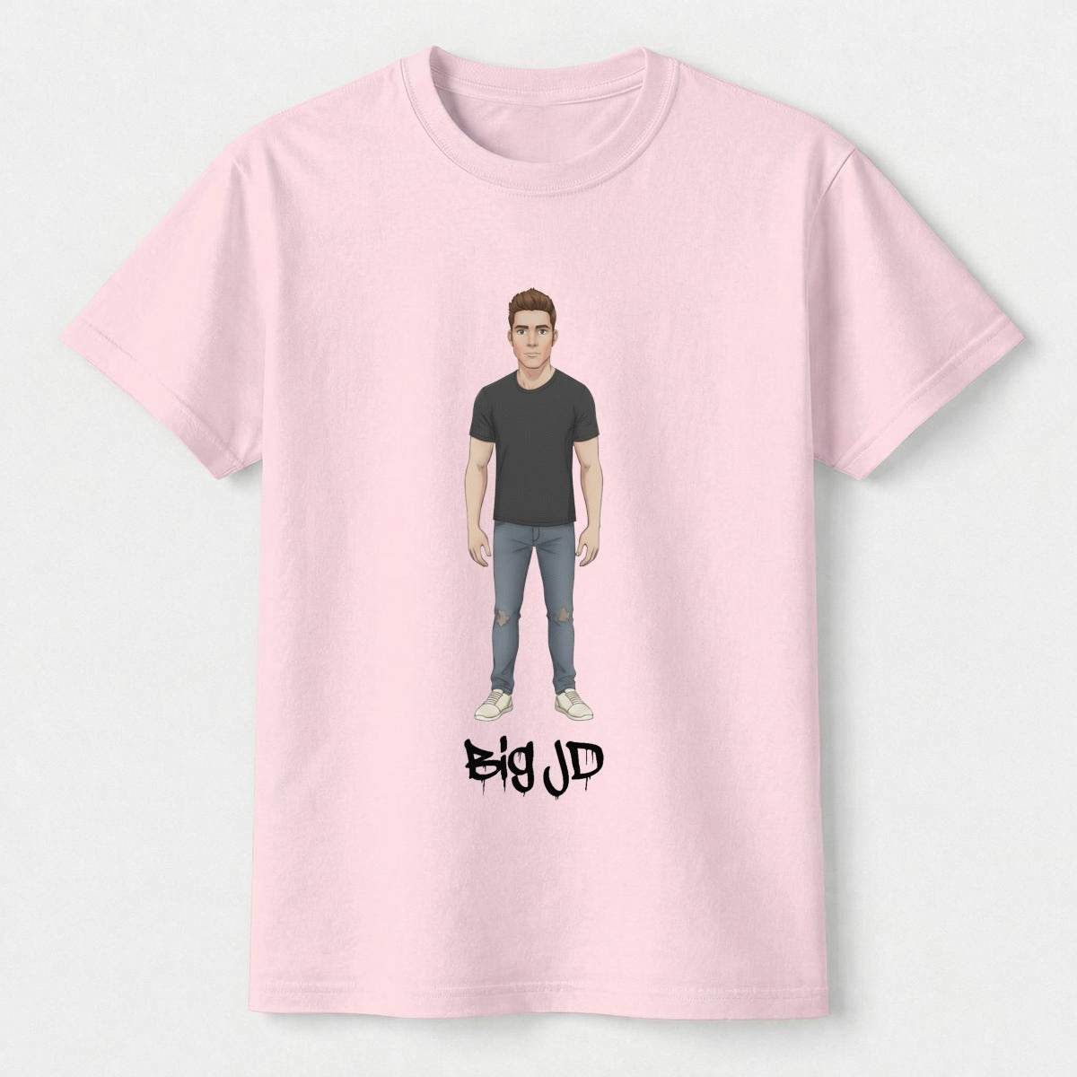 Big JD character graphic on colored kids' T-shirt