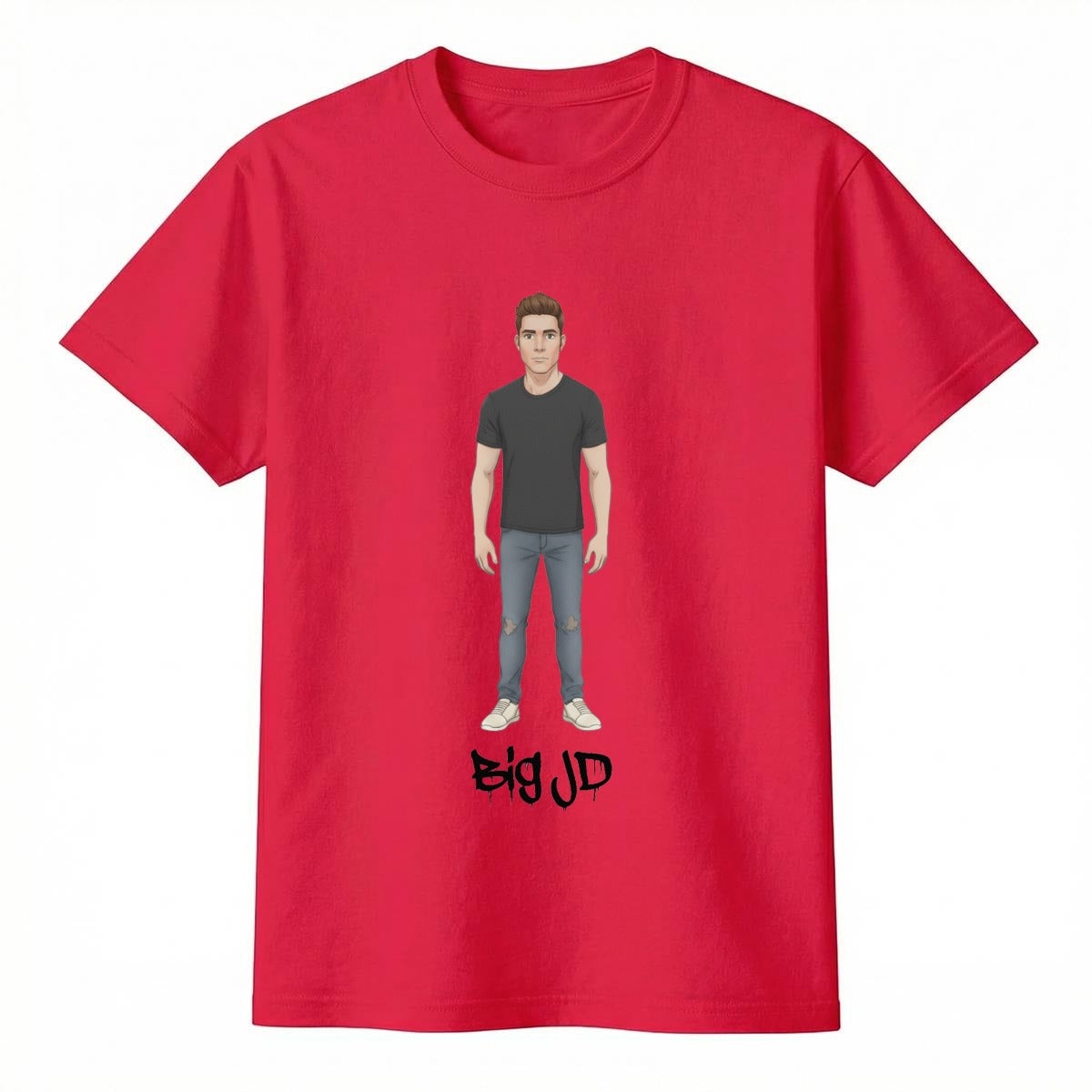Big JD character graphic on red kids' T-shirt